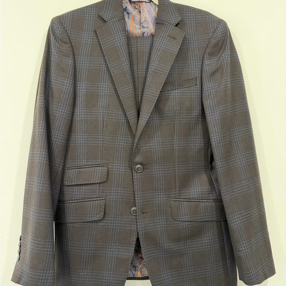 Tallia Men's Brown & Blue Plaid Wool Suit Classic Two-Button Sport Coat 36R